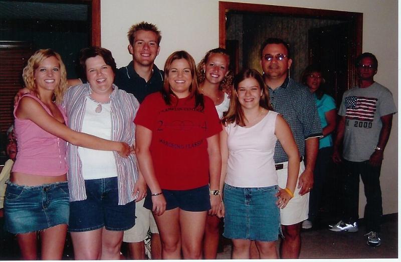 brianbrendafamily.jpg - Brian and Brenda Clark Family. Back row = A. J. and friend Sarah, then Brian. Front row = Kristy,  Brenda,  Stephanie,  Briana.  Brad and Sandy Clark are in the background.